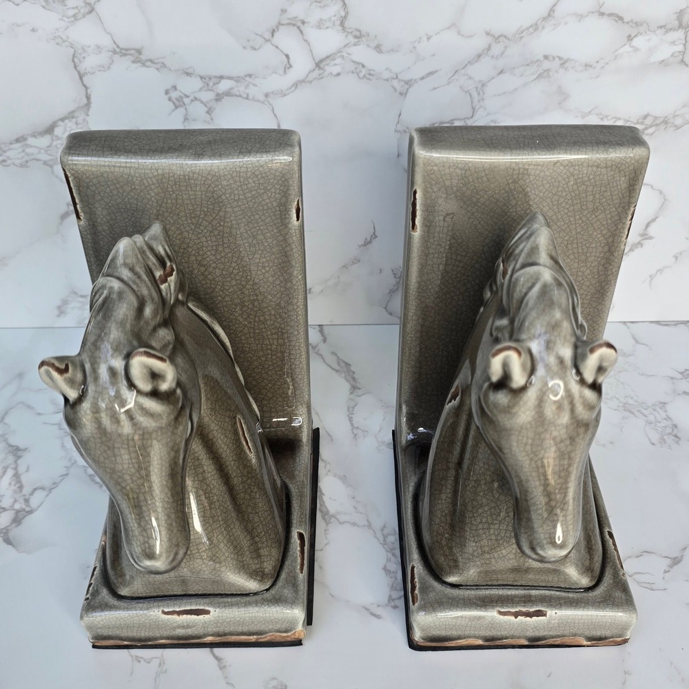 Vintage MCM Ceramic Horse Head Bookends Crackle Glaze Equestrian Decor Set - Picture 6 of 15